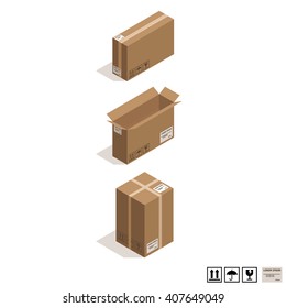 Isometric cardboard boxes isolated on white. 