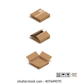 Isometric cardboard boxes isolated on white. 