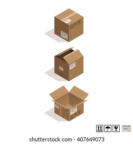 Isometric cardboard boxes isolated on white. 