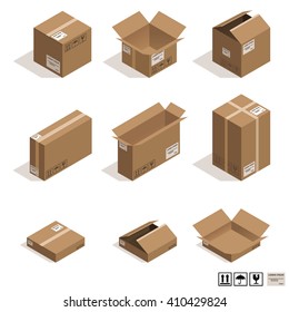 Isometric cardboard boxes isolated on white. 