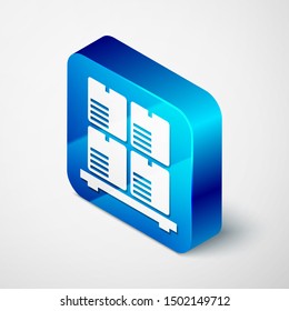 Isometric Cardboard boxes on pallet icon isolated on white background. Closed carton delivery packaging box with fragile signs. Blue square button. Vector Illustration