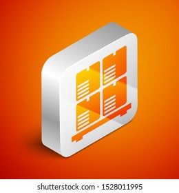 Isometric Cardboard boxes on pallet icon isolated on orange background. Closed carton delivery packaging box with fragile signs. Silver square button. Vector Illustration