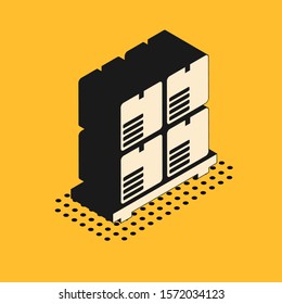 Isometric Cardboard boxes on pallet icon isolated on yellow background. Closed carton delivery packaging box with fragile signs.  Vector Illustration