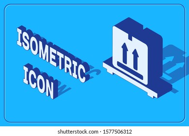 Isometric Cardboard boxes on pallet icon isolated on blue background. Closed carton delivery packaging box with fragile signs.  Vector Illustration
