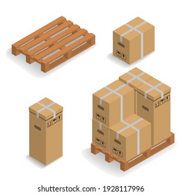 Isometric Cardboard Boxes On A Shipping Pallet.