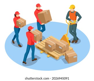 Isometric Cardboard boxes on trolley in warehouse. Man and woman workers working in industrial factory or warehouse.