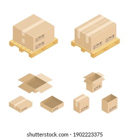 Isometric Cardboard Boxes On Wooden Pallet. Warehouse parts boxes on wood tray. Cargo box. Illustration in flat design isolated on white background.