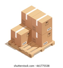 Isometric Cardboard Boxes On Wooden Pallet, Vector EPS10 Illustration