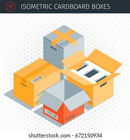 Isometric cardboard boxes. Opened, closed, sealed and cubic. Highly detailed vector illustration
