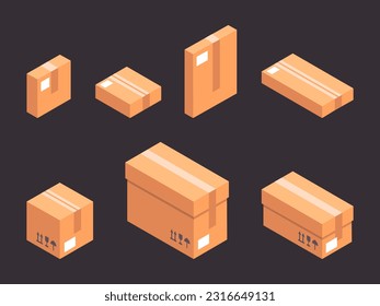 Isometric cardboard boxes. Cardboard parcel boxes, mail delivery and shipping packages. Carton boxes flat vector illustration set