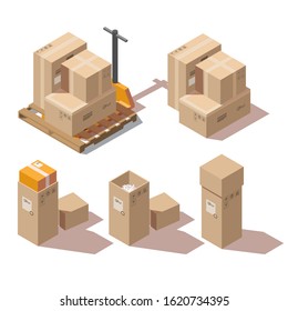 Isometric cardboard boxes set and hand pallet truck for freight and goods transportation isolated on white background. Brown closed and open containers with foam and marking. 3d vector illustration