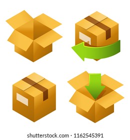 Isometric cardboard boxes set icons. Delivery and free return of gifts or parcels.
