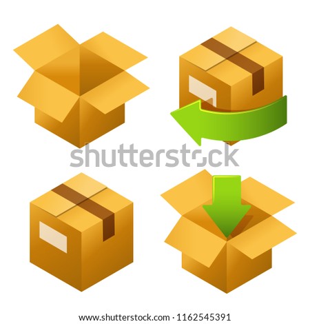 Isometric cardboard boxes set icons. Delivery and free return of gifts or parcels.