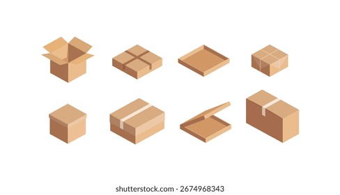 Isometric cardboard boxes set with open and closed variations for packaging design
