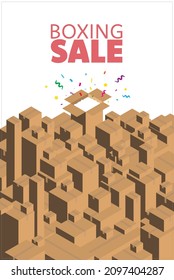 Isometric cardboard boxes stacked with BOXING SALE or INVENTORY SALE or add your own message. Standard 24" x 36" poster size with 0.25" bleed. Ideal for retail, ecommerce, shipping. 
