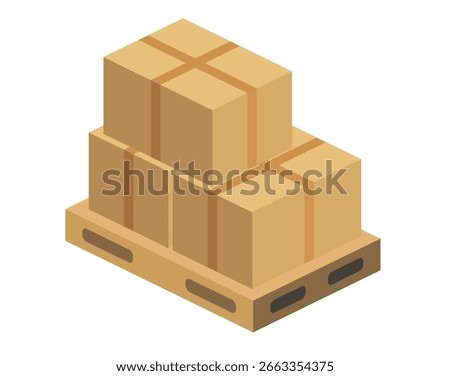 Isometric cardboard boxes stacked on a wooden pallet. Vector illustration. Isolated objects. Logistic concept. Warehouse operations.