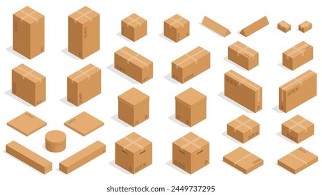 Isometric cardboard boxes. Vector square and rectangular packaging cardboard containers for delivery, shipping and storage. Flat simple shapes. Transportation of fragile products in packing