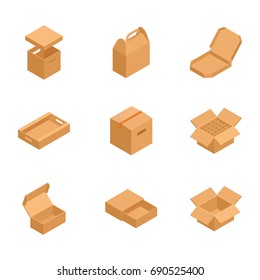 Isometric cardboard carton packaging set of different size vector illustration