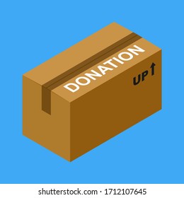 Isometric cardboard donation box vector illustration isolated on blue background.