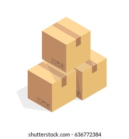 Isometric cardboard icon. Cartoon package box vector illustration.