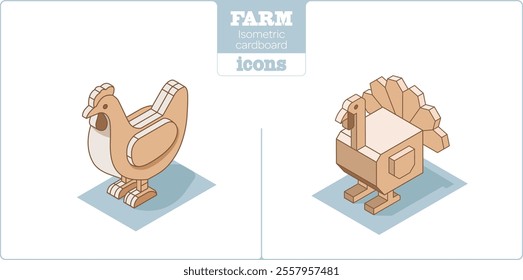 Isometric cardboard icons of hen and turkey. 