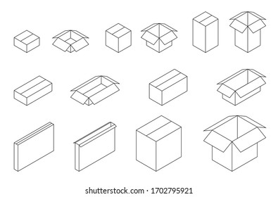 Isometric cardboard opened and closed box set. Vector illustration for moving service or warehouse design