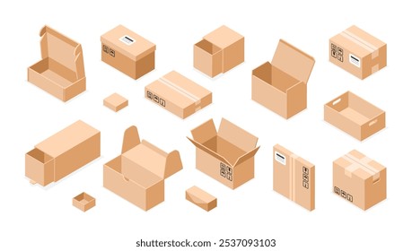 Isometric cardboard packaging boxes. Post pack, paper boxes different forms and size. Isolated box for parcel, delivery service, flawless vector set