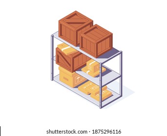 Isometric cardboard and wooden boxes on warehouse stand for delivery and storage concept. Various close brown boxes and packages lying on shelf. Containers for cargo and shipping.