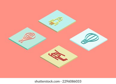 isometric cards set with doodle balloon, helicopter, rocket 