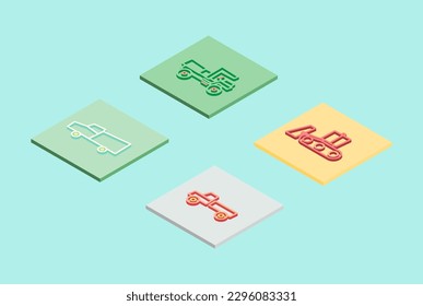 isometric cards set with  dump truck, truck, crawler tractor 