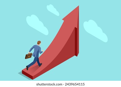 Isometric Career Growth. Business Arrow Target Direction. Businessman running to the top. Success. Business Vision and Target. Way to Success Cover, Persentation, Social Media Poster. Investment ROI