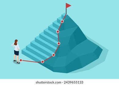 Isometric Career Growth. Business Arrow Target Direction. Success. Business Woman. Business Vision and Target. Way to Success Cover, Persentation, Social Media Poster. Investment ROI