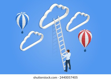 Isometric Career Growth. Business Arrow Target Direction. Air Balloon and Searching New Ideas. Success. Concept of business, ideas representation, team, motivation. Investment ROI