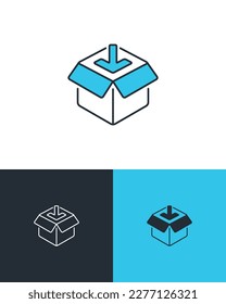 Isometric cargo box with arrow symbol. Parcel delivery vector icons on 3 different backgrounds.