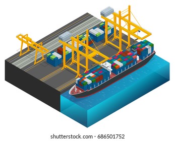 Isometric Cargo containers transshipped between transport vehicles for onward transportation Port warehouse and shipment for infographic Platform supply vessel Logistic support goods tools equipment