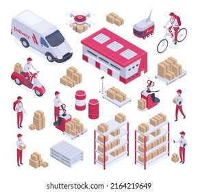 Isometric cargo delivery truck, delivery man and warehouse building. Delivery and shipping service workers, warehouse and logistics transport vector illustration set. Fast delivery collection