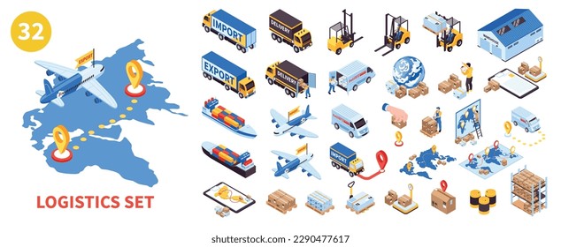 Isometric cargo logistics set with isolated icons of vehicles parcels location pins destination signs and routes vector illustration