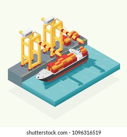 Isometric cargo logistics and transportation container ship with working crane import export transport industry in shipping yard. illustration vector