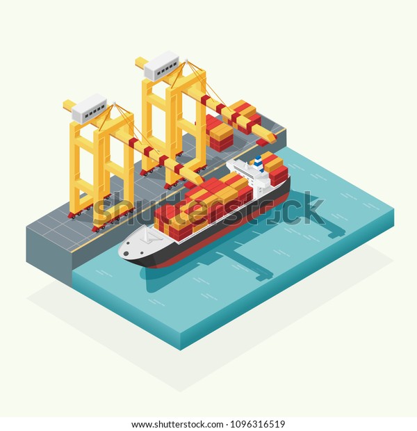 Isometric cargo logistics and\
transportation container ship with working crane import export\
transport industry in shipping yard. illustration\
vector