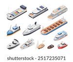 Isometric cargo passenger ships. Yacht and sailing boat, vessel with containers. 3d sea transportation logistic, ship tanker liner flawless vector set