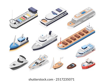 Isometric cargo passenger ships. Yacht and sailing boat, vessel with containers. 3d sea transportation logistic, ship tanker liner flawless vector set