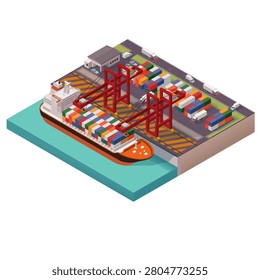 Isometric cargo port illustration featuring ships, containers, cranes, and logistics operations