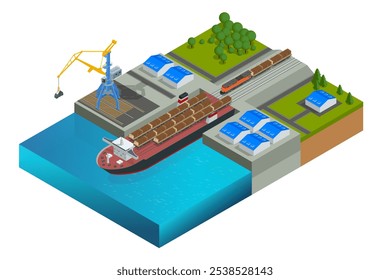 Isometric cargo ship is being loaded with logs in the port. Timber export or import, loading on cargo ship in commercial port. Transport industry.