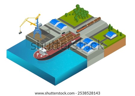 Isometric cargo ship is being loaded with logs in the port. Timber export or import, loading on cargo ship in commercial port. Transport industry.