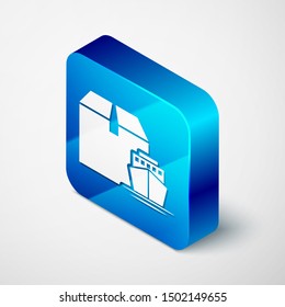 Isometric Cargo ship with boxes delivery service icon isolated on white background. Delivery, transportation. Freighter with parcels, boxes, goods. Blue square button. Vector Illustration