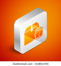 Isometric Cargo ship with boxes delivery service icon isolated on orange background. Delivery, transportation. Freighter with parcels, boxes, goods. Silver square button. Vector Illustration