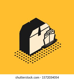 Isometric Cargo ship with boxes delivery service icon isolated on yellow background. Delivery, transportation. Freighter with parcels, boxes, goods.  Vector Illustration