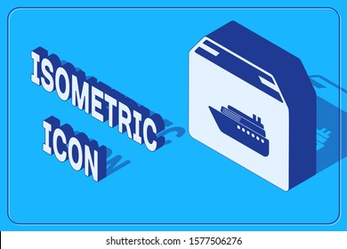 Isometric Cargo ship with boxes delivery service icon isolated on blue background. Delivery, transportation. Freighter with parcels, boxes, goods.  Vector Illustration
