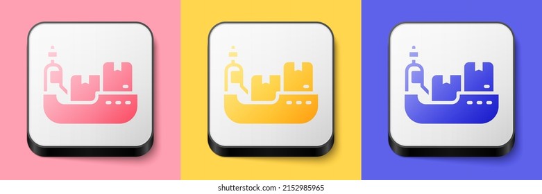Isometric Cargo ship with boxes delivery service icon isolated on pink, yellow and blue background. Delivery, transportation. Freighter with parcels, boxes, goods. Square button. Vector
