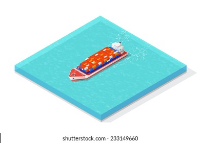 Isometric cargo ship carrying various multicolored containers. Vector illustration concept.